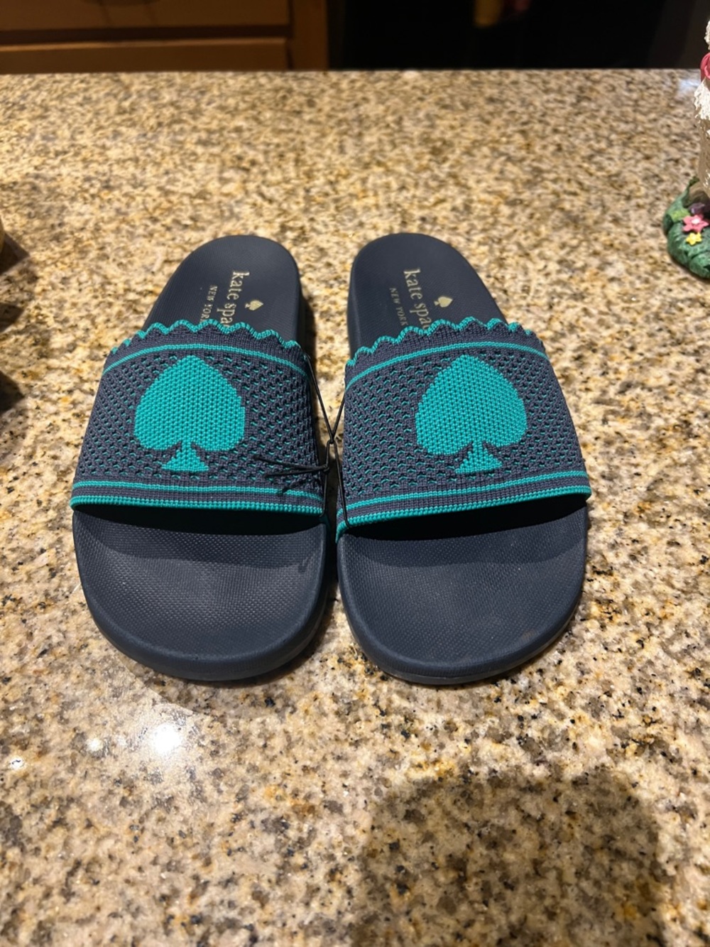 kate spade navy slides with teal spade knit strap